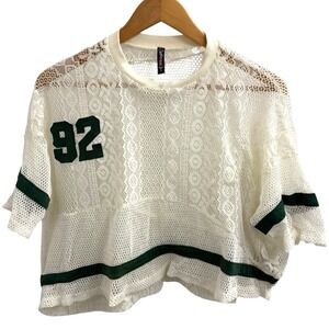 Sheer Lace Varsity Crop Top Y2K Womens Small Electric PINK Embroided 92 Layering